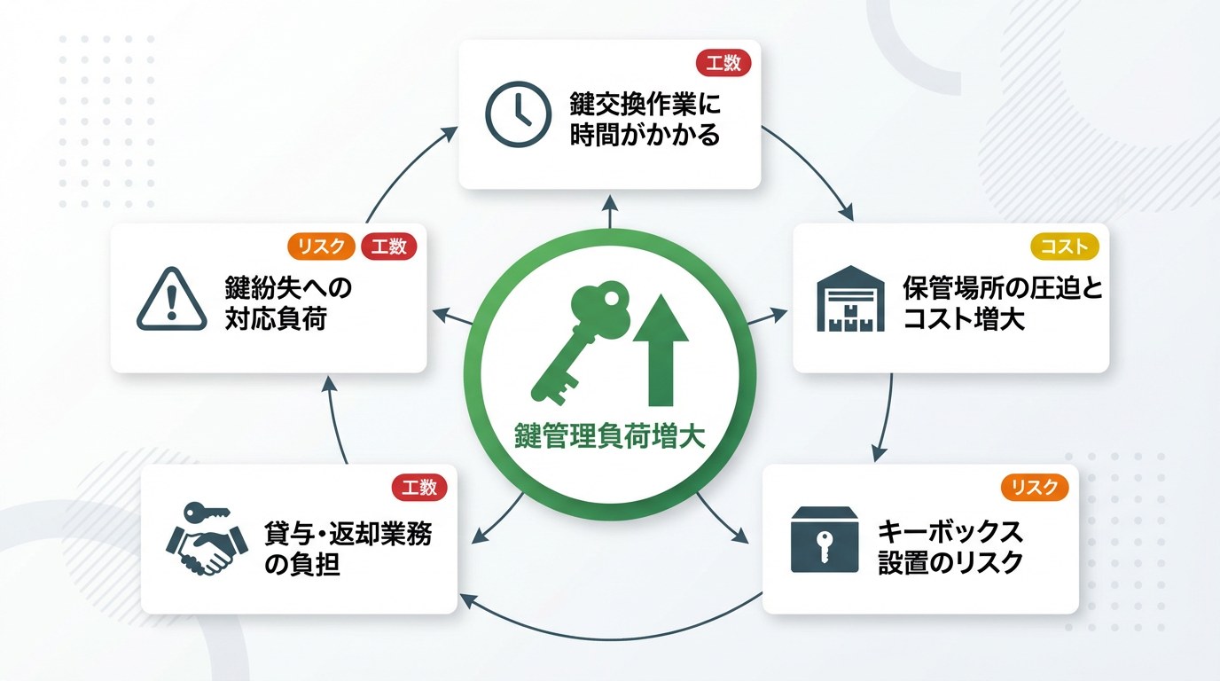 鍵管理負荷増大の相関図：鍵交換作業に時間がかかる／保管場所の圧迫とコスト増大／キーボックス設置のリスク／貸与・返却業務の負担／鍵紛失への対応負荷